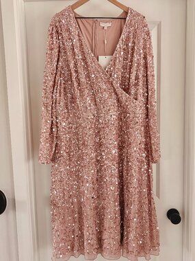 Maya Deluxe Curve NWT Sequin Embellished Faux Wrap Midi Dress Pink Size 24